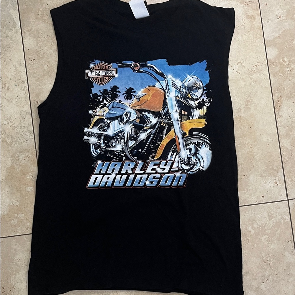 Harley-Davidson Black Tank with Orange and Blue Motorcycle Art